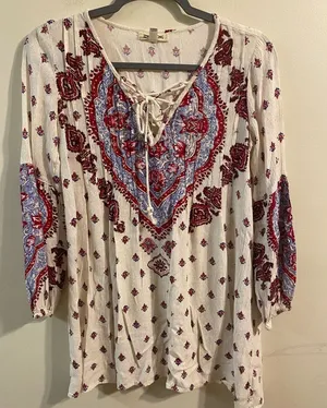 Womens Billabong White Pink Boho Hippie Long‎ Sleeve V-Neck Tunic Size XS thumbnail 1