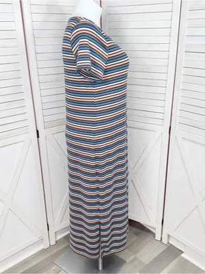 Loft Striped Shimmer Knit Midi Tee Shirt Dress Pink Blue Grey Metallic Size XL thumbnail 3