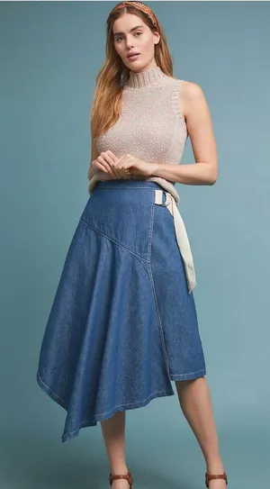 Pilcro Blue Denim Asymmetrical Wrap Skirt with Cream Side Tie size 6 thumbnail 1