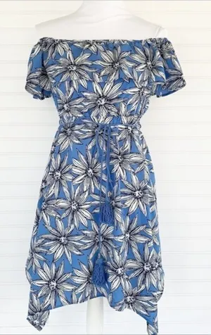 Charlotte Russe Dress XS Blue Floral Off Shoulder‎ Handkerchief Hem Tassel Belt thumbnail 1