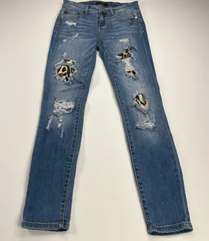 Judy Blue Mid Rise Skinny Fit Distressed Jeans Leopard Insets 8265MD Size 5/27 thumbnail 3