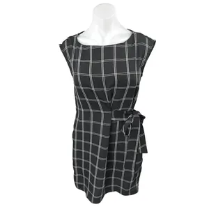 Ann Taylor LOFT Women Black White Plaid Cap Sleeve Tie Mini Sheath Dress Size 4 thumbnail 2