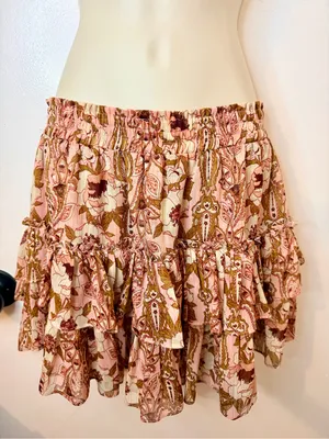 MISA Los Angeles Anthropologie MISA Nahla Mini Skirt Size M Pink Floral Ruffle Tiered Stretchy thumbnail 10