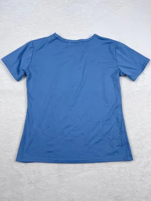 Butterfly Baby Blue Faux Button Fitted Short Sleeve Top Size L Stretch EUC thumbnail 3