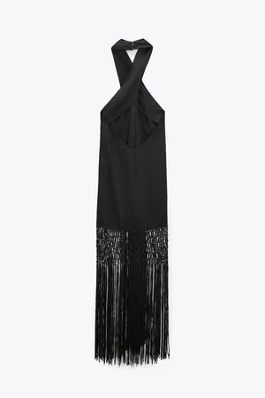 ZARA dress midi black halter neck linen fringed fringes boho thumbnail 14