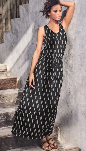 Garnet Hill Black Print Smocked Waist Maxi Dress M thumbnail 1