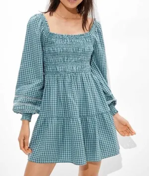 American Eagle Plaid Mini Dress Smocked Long Sleeve Square Neck Gingham Babydoll thumbnail 1