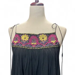 Free People Boho Black Embroidered Flowy Faux‎ Leather Straps Tunic Size Medium thumbnail 2