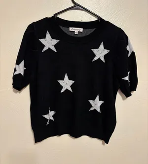 Nanette Lepore Black Short Sleeve Crewneck Sweater with Silver Star Accents thumbnail 1