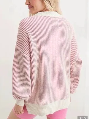 Aerie Beyond Chenille Pink & Cream White Sweater Ribbed Oversized Medium thumbnail 3