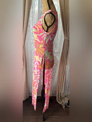 Derek Heart Pink Tropical Floral Swim Cover Up Dress Sz Small Side Tie Slits thumbnail 4