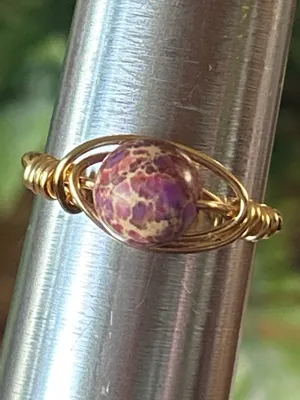 Handmade Handcrafted gold tone sea sediment jasper wire wrapped crystal ring - size 9 thumbnail 2