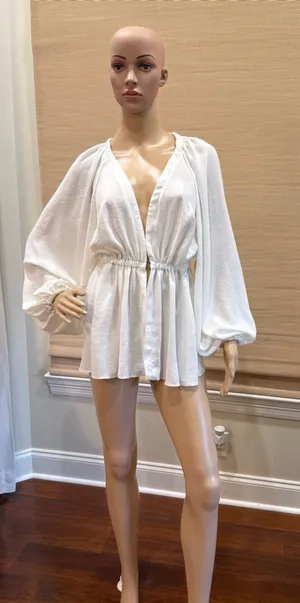 ASOS white solid v neck ballon sleeve blouse. Elastic waist. Size 6 thumbnail 1
