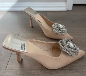 Jeffrey Campbell x REVOLVE Viviana Mules Satin‎ Creme Rhinestones 7 Kitten Heel thumbnail 1