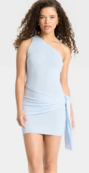 wild fable One-Shoulder Light Blue Knit Bodycon Mini Dress with Side Tie thumbnail 1
