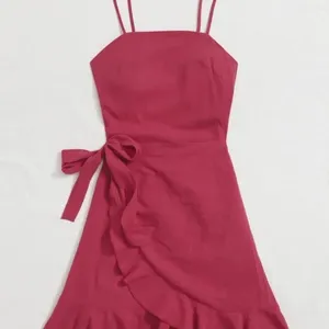 Red Tied Open Back Ruffle Trim Wrap Front Cami Dress L thumbnail 2