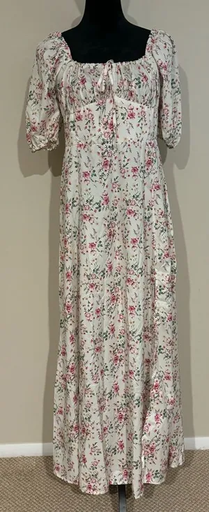 EUC Women's White and Pink Bohemian Floral Print Puff Sleeve Dress Size Medium thumbnail 1