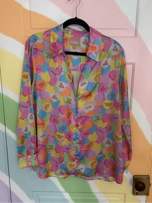 Show Me Your Mumu Colorful Conversation Hearts Silky Pajama Set Sz S 💛🍄 thumbnail 4