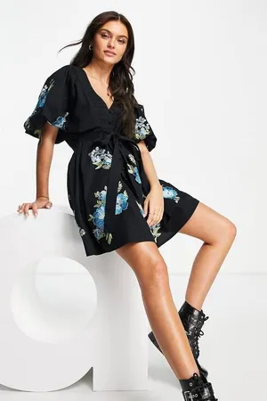 ASOS DESIGN cotton poplin embroidery shirred bodice mini dress in black thumbnail 1