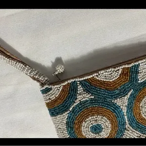 Hand Beaded Wristlet Clutch Teal Brown White Geometric Boho Zip Pouch thumbnail 5