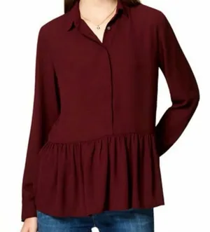 LOFT Burgundy Ruffle Peplum Hem Long-Sleeve Blouse Size Medium thumbnail 1
