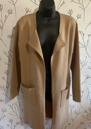 Elegant Tan Open Front Cardigan with Pockets Size L thumbnail 1