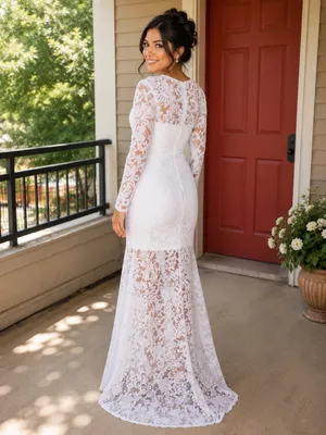 White Lace Long-Sleeve Bridal Gown with V-Neck and Front Slit thumbnail 2