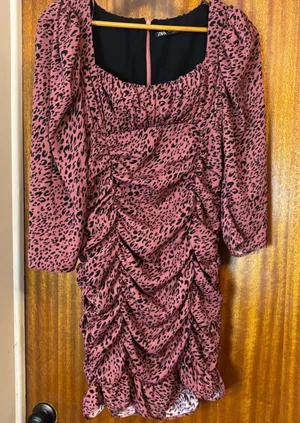 Zara‎ Pink Leopard Print Ruched Mini Dress Square Neck Long Sleeve Womens Medium thumbnail 1