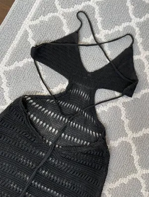 SheIn Crochet Backless Cutout Black Coverup Mini Dress thumbnail 9
