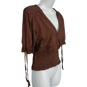 Abercrombie & Fitch Brown Polka Dot Tie Sleeve Smocked Waist Top size S NEW Tags thumbnail 8
