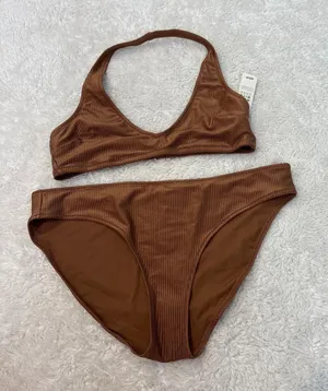 Aerie Womens Gold Ribbed Bikini Set L/XL Outdoors Beach Summer Resort Vacation thumbnail 1