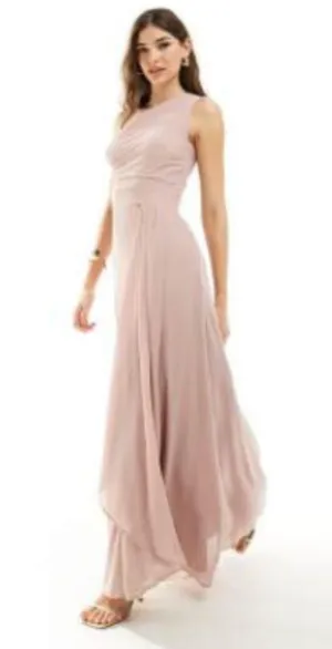 ASOS TFNC Bridesmaid chiffon one-shoulder drape maxi dress in soft pink thumbnail 1