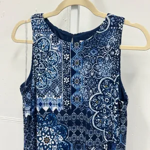 Anne Klein Blue White Patchwork Tile Mosaic Print Sleeveless Shift Dress Size 12 thumbnail 3