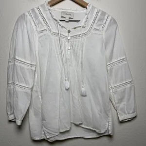 Cleobella Women‎ Cotton Top XS White Boho Lace Tassel Pintuck Cottage Peasant thumbnail 1