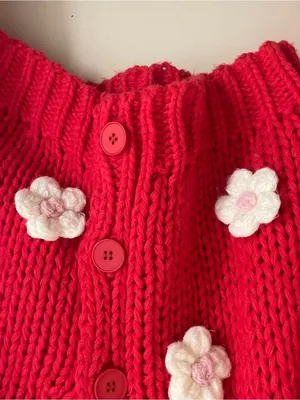 Luna Ivy Chunky Knit Flower Appliqué Cardigan Sweater Red Pink M Cottagecore thumbnail 9