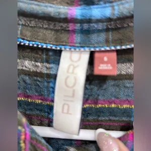 Antropologie Pilcro Women Olive Plaid Shirt with Blue Stripes Size S. thumbnail 3