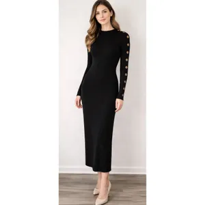 Pashmina Black Long Button Lined Sleeve Body Contouring Long Sleeve Dress. XS thumbnail 2