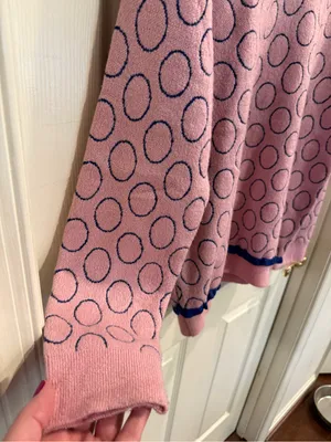 Pink Crewneck Sweater with Navy Polka Detail thumbnail 3