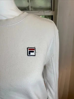 Fila White Crewneck Sweater with Navy Trim and Small Logo thumbnail 2