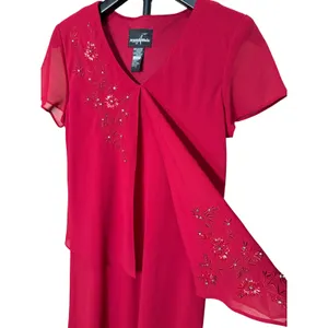 Positive Attitude Red Beaded Floral Embroidered Layered‎ Maxi Dress Size 6 thumbnail 3