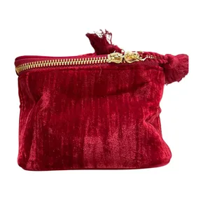 Sézane Crushed Red Velvet Cotton Lined Tassel Zipper Travel Case thumbnail 3
