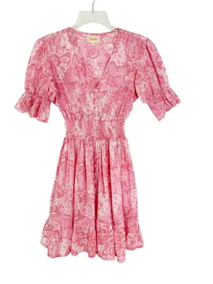 Lilbelle Pink Floral Smocked Waist Mini Dress Ruffle Sleeve Small thumbnail 3