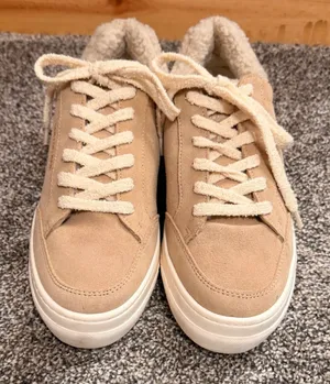 Sam Edelman Wess Cozy Suede Faux Shearling Sneakers Sesame Tan Beige 8.5M thumbnail 1