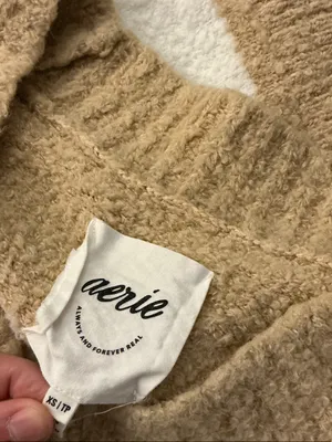 Aerie Cozy V-Neck Striped Sweater in Cream & Tan Size XS thumbnail 3