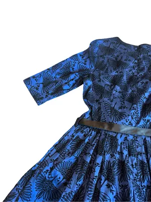 Voodoo Vixen Blue Black Bird Print Belted Fit Flare Midi Dress Medium Women's thumbnail 11