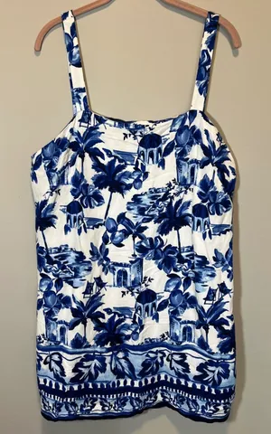 LOFT Blue White Mediterranean European Toile Linen Blend Mini Dress Palm Tree 14 thumbnail 1