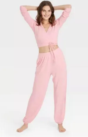 Colsie Balletcore Pink Cozy Wrap Top, Bralette, & Ribbed Jogger Set - size XL thumbnail 15