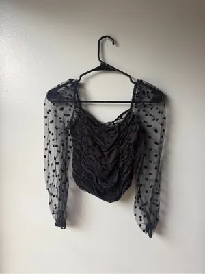NWT RED Fashion Made in Italy Black Sheer Polka Dot Ruched Top thumbnail 2