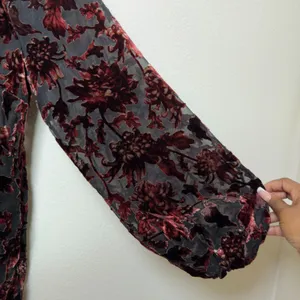 Shyanne Women Velvet Burnout Blouse Top XL Burgundy Floral Paisley Lace Up Sheer thumbnail 5
