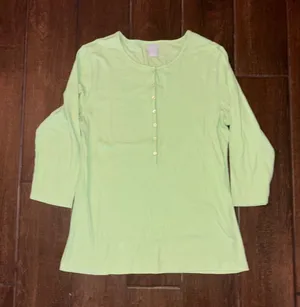 Chico's Henley Top Size L Green Ribbed Pima‎ Cotton 3/4 Sleeve Casual Classic thumbnail 1
